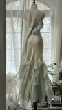 Green white gorgeous beautiful charming spaghetti straps beaded ruffles mermaid long slim lace tulle ball gown fashion evening dress party dress prom dress HZ1023