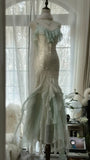 Green white gorgeous beautiful charming spaghetti straps beaded ruffles mermaid long slim lace tulle ball gown fashion evening dress party dress prom dress HZ1023
