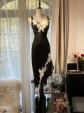 Black retro sexy spaghetti straps exquisite lace long bodycon slim fit elegant evening dress party dress HZ1023