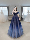 Blue beautiful gradient shiny beads spaghetti strap tulle long ball gown evening dress HZ1023