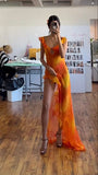 Orange Fashion Gradient Spaghetti Strap Long Ruffle Elegant Chiffon Ball Gown prom dress Evening Dress Holiday Party Dress HZ1023