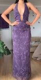 Purple Elegant Fashion V-neck Exquisite Floral Beading Spaghetti Straps Long Chiffon Tulle Ball Gown Evening Gown Party Dress Prom Dress HZ1023