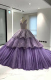 Purple Gorgeous Shiny Elegant A-line Long Tiered Ruffled Tulle Ball Gown Formal Dress Evening Dress Celebrity Dress HZ1023