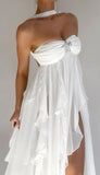 White pure color youthful elegant sweet long chiffon ruffle irregular skirt seaside beach holiday party dress evening dress prom dress HZ1023