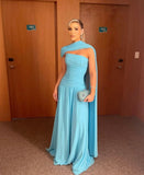 Blue Simple Elegant Fashion Long Chiffon prom dress Evening Dress Wedding Guest Party Dress With Ribbon HZ1023