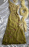 Yellow Green gorgeous exquisite vintage embroidered spaghetti strap long ball gown prom dress evening gown HZ1023