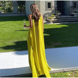 Yellow green fashion simple elegant tube top off shoulder long chiffon ball gown party dress evening dress with scarf Prom Dress HZ1023