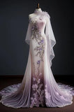 Pink purple gorgeous retro fashion one shoulder elegant floral applique slim fit long Tulle mermaid tulle floor length evening dress prom dress HZ1023