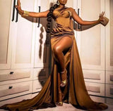 Brown fashion elegant sexy one shoulder long beaded slit mermaid ball gown evening dress party dress with ruffles HZ1023