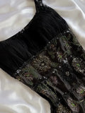 Black Gorgeous Fashion Exquisite Floral Beaded Long Ankle Length Satin Ball Gown Evening Gown Party Dress Prom Gown HZ1023