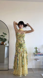 Yellow fashion elegant exquisite beaded spaghetti strap tulle long ruffled lace ball gown evening dress party dress prom dress HZ1023