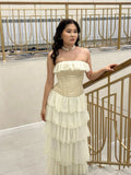 White Vintage Fashion A-line Off-shoulder Long Chiffon tulle Tiered Ruffle Ball Gown Evening Dress Party Dress Prom Dress HZ1023