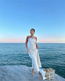 White slim strap mermaid long satin evening gown ball gown prom dress HZ1023