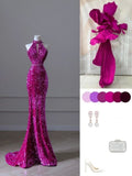 Pink Gorgeous Shiny Exquisite Beaded Halter Long Mermaid Slim Sequin Floor Length Ball Gown Evening Gown Party Dress HZ1023