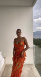 Orange Fashion Elegant Spaghetti Strap Long Ruffle Chiffon Ball Gown Evening Dress Party Dress Wedding Guest Dress HZ1023