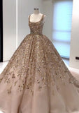Nude pink gorgeous shiny gold sequins elegant long tulle sequin ball gown evening dress HZ1023