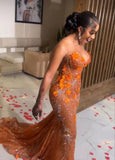 Orange Luxury Shiny Beaded V Neck Sexy Elegant Mermaid Slim Fit Long Floor Length Train Ball Gown Evening Gown Party Dress Prom Dress HZ1023
