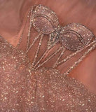 Pink Sparkling A-Line Long Beaded Elegant Halter Neck tulle Ball Gown Evening Dress HZ1023
