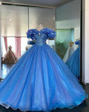 Blue gorgeous shiny elegant sweet long tulle ball gown evening dress adult ceremony dress HZ1023