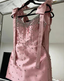 Pink Luxury Shiny Cute Short Bow Spaghetti Strap Slim Fit Homecoming Dress Evening Dress Party Dress Prom Dress HZ1023