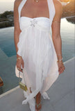 White pure color youthful elegant sweet long chiffon ruffle irregular skirt seaside beach holiday party dress evening dress prom dress HZ1023