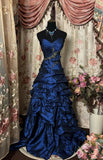 Blue vintage rhinestone embellished elegant long pleated ball gown evening dress HZ1023