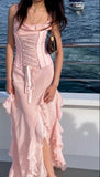 Pink Elegant Romantic Fashion Elegant Spaghetti Strap Long Chiffon Ruffle Ball Dress Evening Dress Party Dress Prom HZ1023