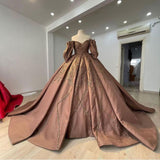 Brown Gorgeous Shiny Exquisite Beaded Long Satin Floor Length Ball Gown Evening Dress HZ1023