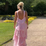 Pink Halter Fashion Halter Ruffled Tiered Ruffle Long Chiffon Tulle Ball Gown Evening Gown Party Dress HZ1023