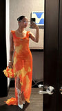 Orange Fashion Gradient Spaghetti Strap Long Ruffle Elegant Chiffon Ball Gown prom dress Evening Dress Holiday Party Dress HZ1023