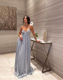 Blue lace spaghetti strap long evening dress bridesmaid dress beautiful and elegant sleeveless HZ1023