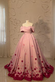 Pink Gorgeous Exquisite Floral Appliques Long Floor Length Satin Ball Gown Evening Dress HZ1023