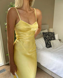 Yellow Simple Fashion Sexy Sweetheart Sleeveless Skinny Long Satin prom dress Evening Gown Wedding Guest Party Dress HZ1023