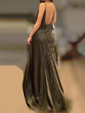 Green Vintage Fashion Gorgeous Pretty Charming Elegant Delicate Floral Beaded lace Spaghetti Straps Long Satin Ball Gown Evening Gown Party Dress Prom Gown HZ1023