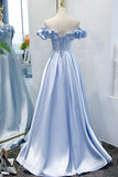 Blue satin long A line prom dress blue evening dress HZ1023