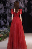 Red v neck tulle long A line prom dress evening dress HZ1023
