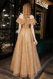 Gold tulle sequins long prom dress evening dress HZ1023