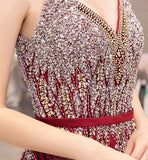 High quality v neck beads long prom dress red evening dress HZ1023