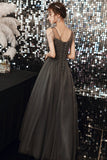 Gray tulle long A line prom dress evening dress HZ1023