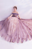 Purple tulle sequins long A line prom dress evening dress HZ1023