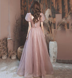 Pink tulle sequins long prom dress A line evening gown HZ1023