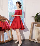 Red satin lace short prom dress red homecoming dress HZ1023