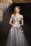 Grey long A line prom dress off shoulder evening dress HZ1023