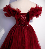 Burgundy tulle long prom dress A line evening gown HZ1023