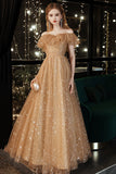 Gold tulle sequins long prom dress evening dress HZ1023