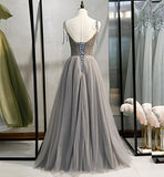 Gray tulle beads long prom gown evening dress HZ1023