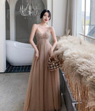 A line v neck tulle long prom dress evening dress HZ1023
