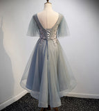 Gray tulle lace short prom dress high low evening dress HZ1023