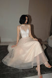 Cute tulle see through short prom dress champagne evening dress HZ1023