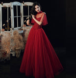 Burgundy tulle sequins long ball gown dress evening gown HZ1023